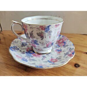 VINTAGE Rare Royal Albert Crown China Pink/Blue Floral Cup & Saucer Chintz Style